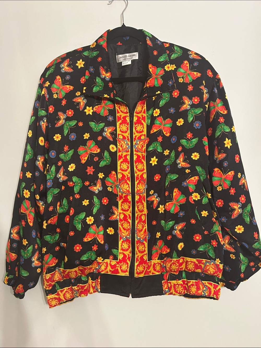 Jackets Galore Black Floral & Butterfly Bomber Jacket with Red Trim